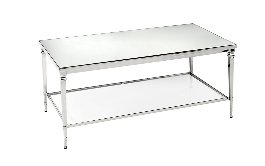 Sullivan Coffee Table with Mirror Top and Glass Shelf – Nickel or Brass Finish