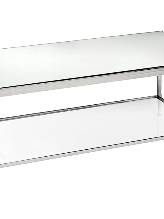 Sullivan Coffee Table with Mirror Top and Glass Shelf – Nickel or Brass Finish